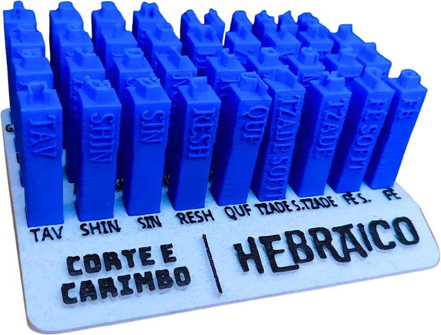 Kit Alfabeto Hebraico: letras azuis na base branca com o nome de cada letra