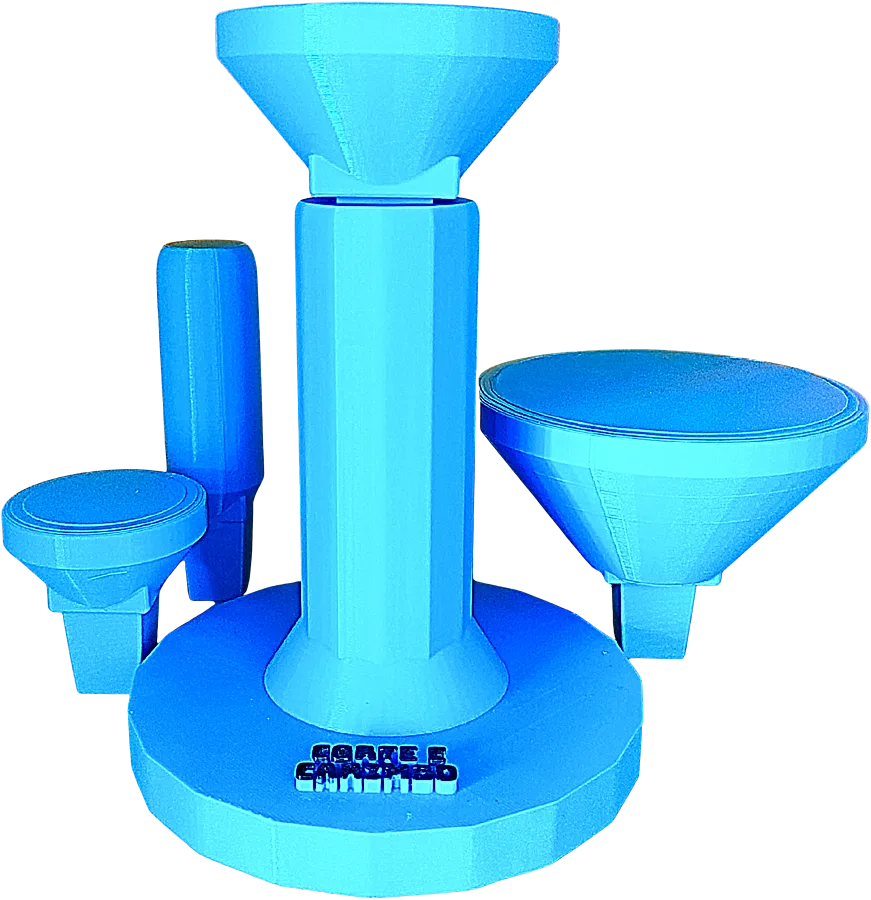 Suporte para carimbar azul com quatro topos de tamanhos diferentes